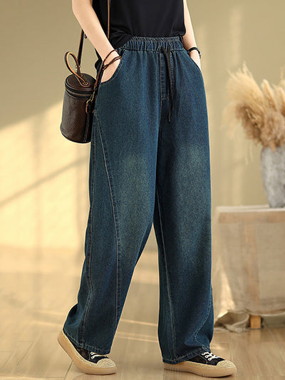 Women Casual Pure Color Denim Spliced Straight Pants
