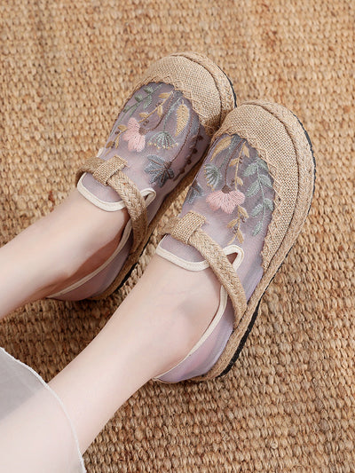 Women Ethnic Flower Embroidery Linen Shoes