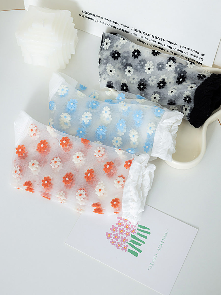 3 Pairs Women Artsy Summer Flower Thin Socks