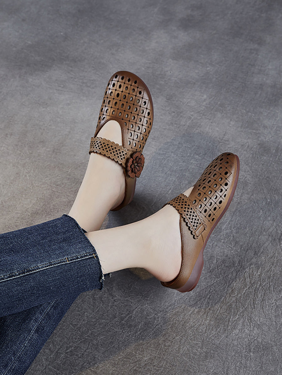 Women Casual Genuine Leather Flower Low Heel Slippers