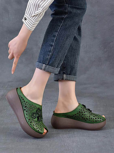 Women Ethnic Flower Leather Hollow Out Platfrom Slippers