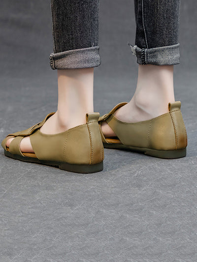 Women Summer Solid Vintage Leather Hollow Out Soft Shoes
