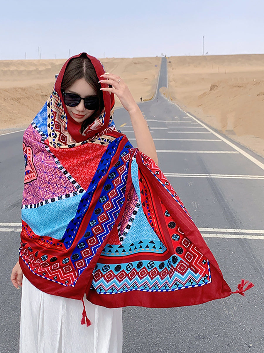 Women Ethnic Print Tassel Shawl Scarf