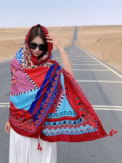 Women Ethnic Print Tassel Shawl Scarf