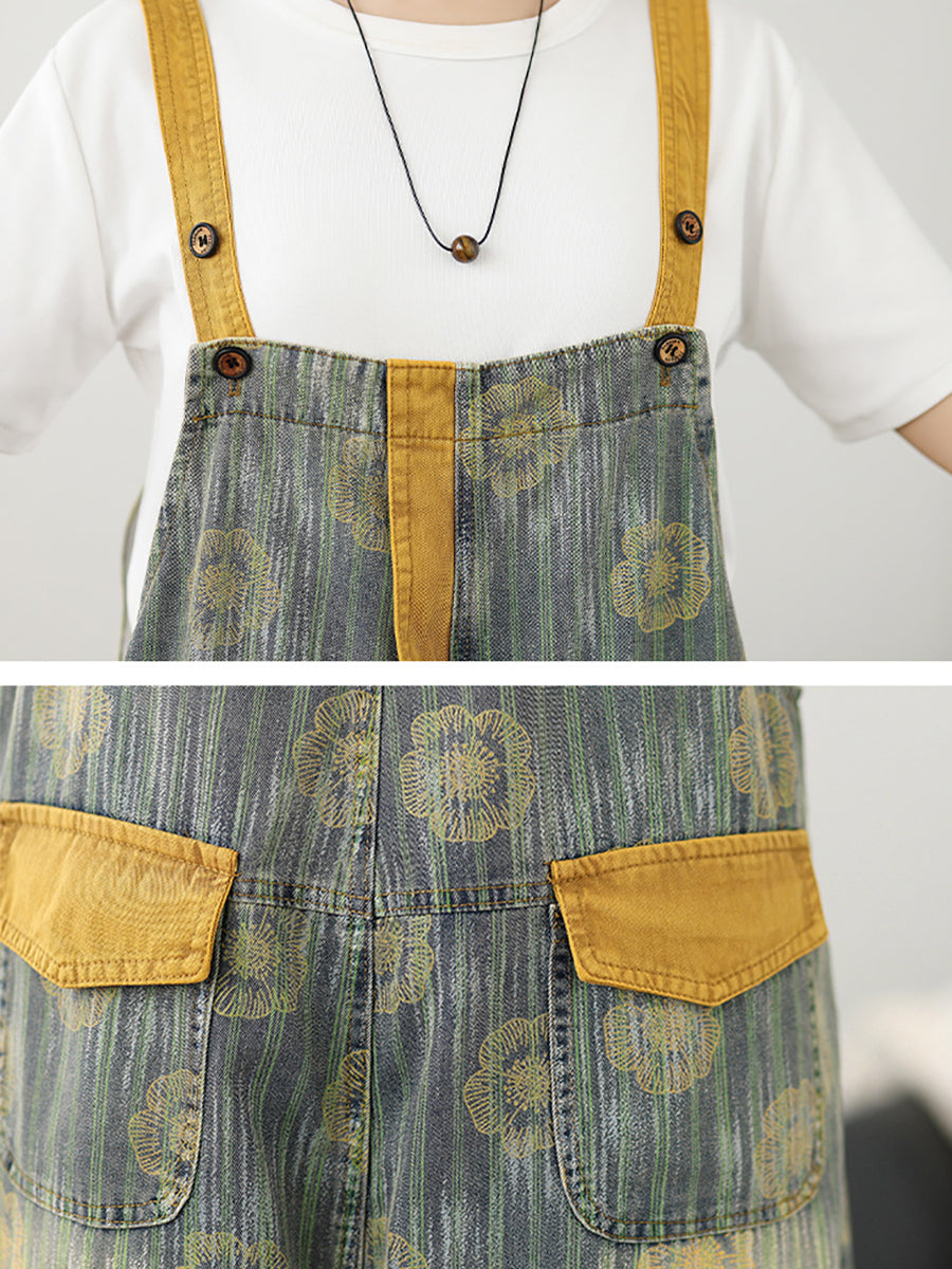 Women Summer Fashion Flower Stripe Denim Jumpsuits