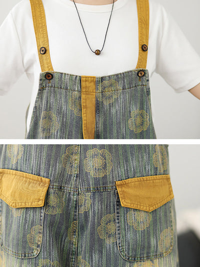 Women Summer Fashion Flower Stripe Denim Jumpsuits