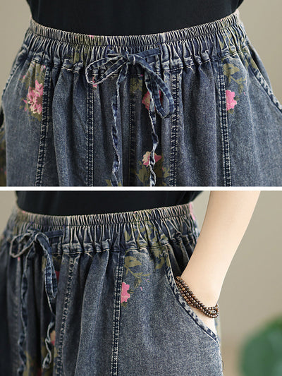 Women Casual Summer Flower Denim Harem Pants