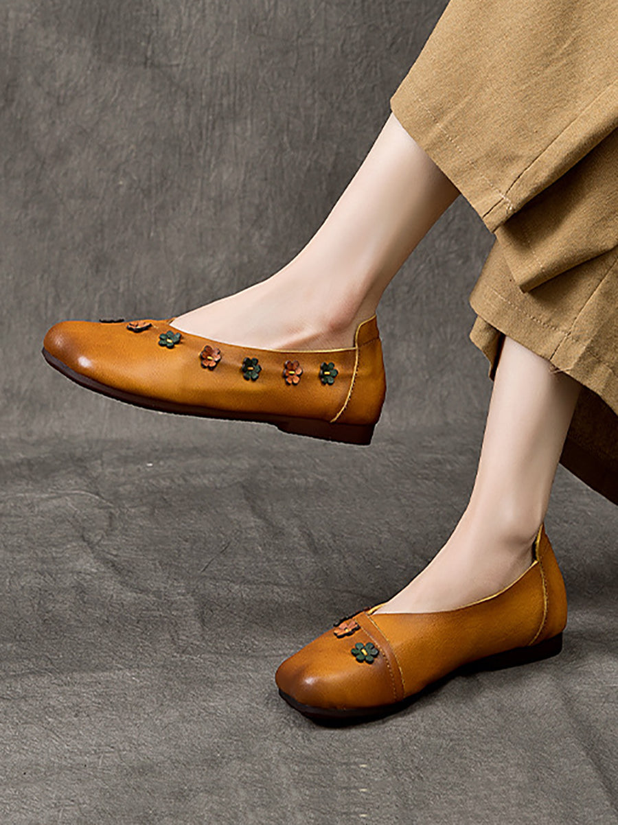 Women Vintage Summer Leather Flower Spliced Flat Shoes