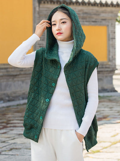 Women Winter Artsy Solid Button Pocket Hooded Vest