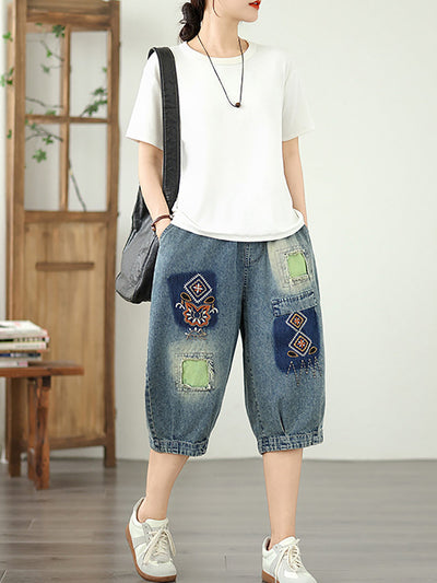 Women Retro Flower Embroidery Patchwork Denim Fifth Pants