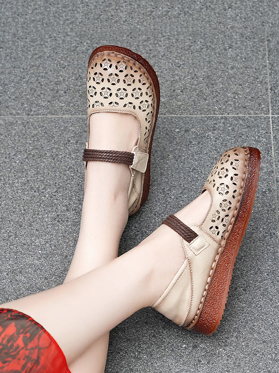 Women Rtro Genuine Leather Hollow Out Low Heel Shoes