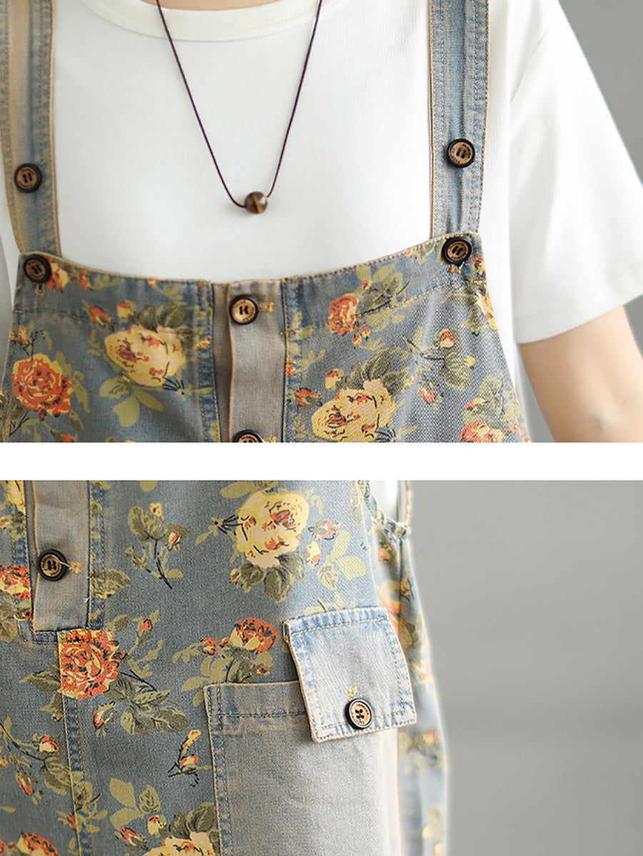 Women Summer Artsy Flower Denim Short Jumpsuits