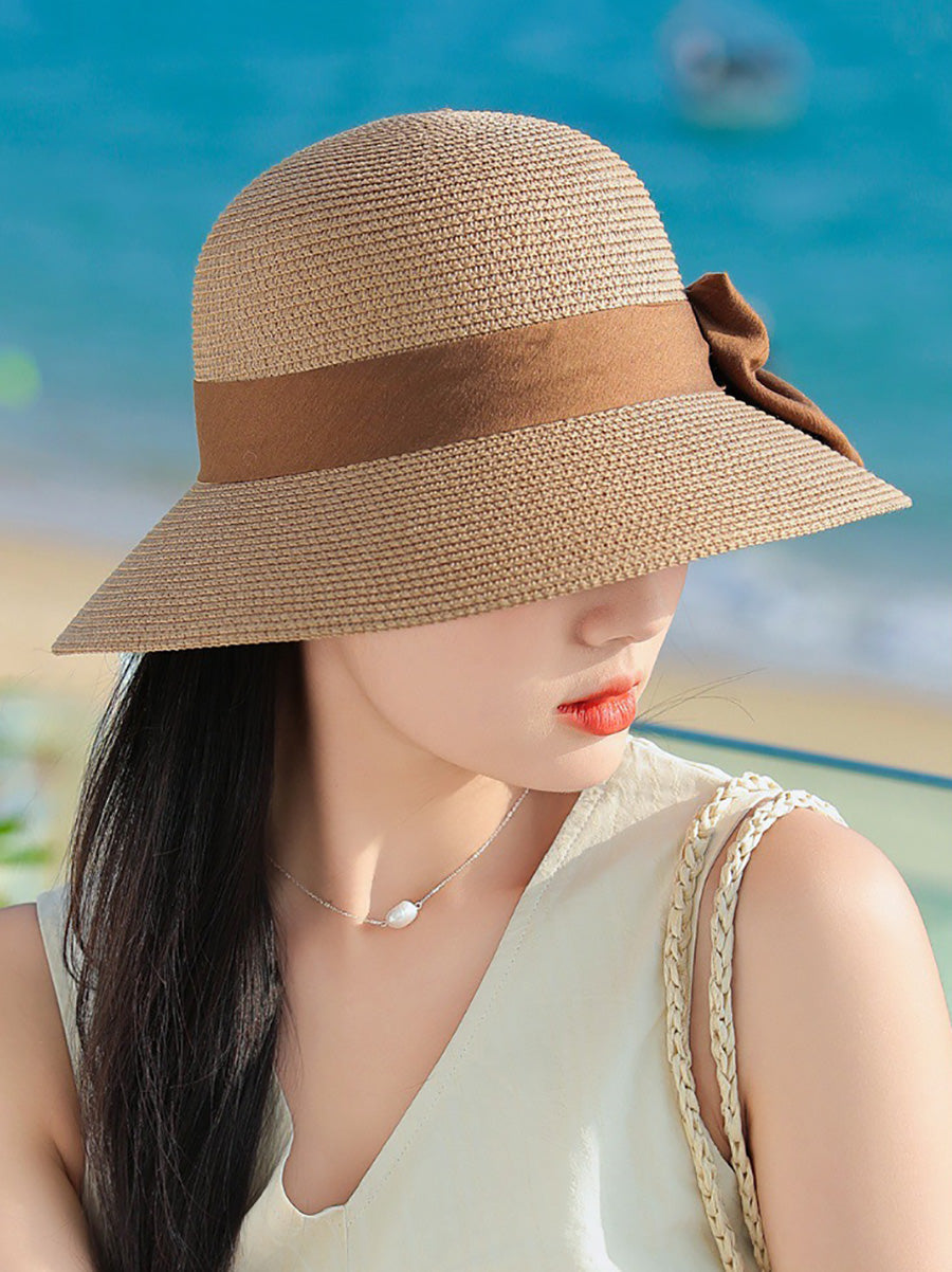 Women Elegant Bowknot Straw Sunproof Hat