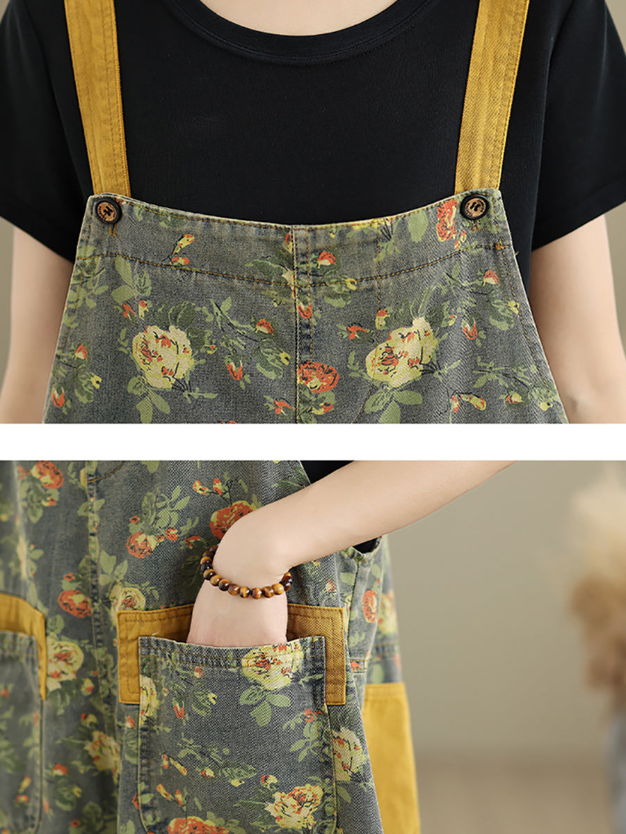 Women Summer Flower Denim Cropped Jumpsuits