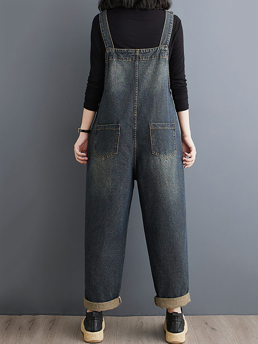 Women Summer Retro Pure Color Denim Long Jumpsuits