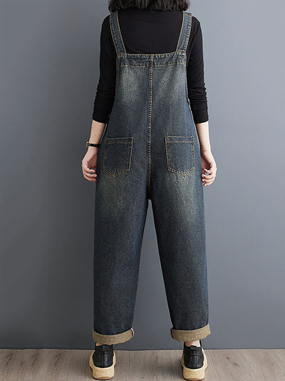 Women Summer Retro Pure Color Denim Long Jumpsuits