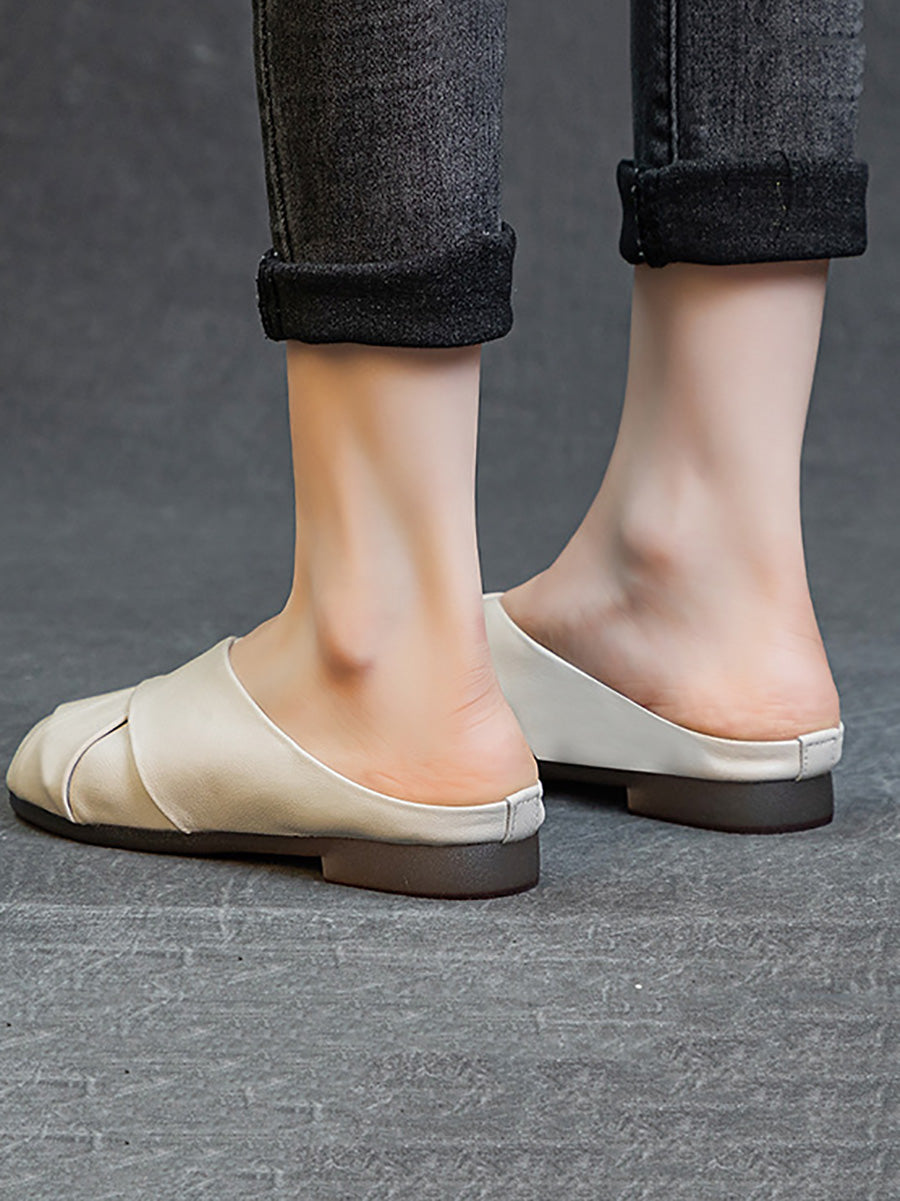 Women Summer Soft Leather Low Heel Weave Slippers