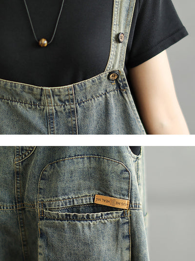 Women Summer Worn Pure Color Denim Cropped Jumpsuits
