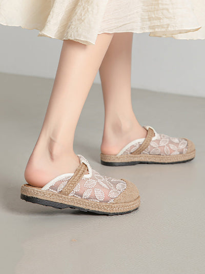 Women Summer Ethnic Linen Flower Embroidery Flat Shoes