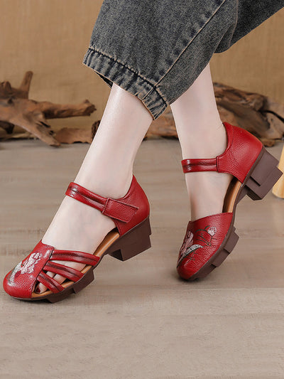 Women Summer Genuine Leather Embroidery Mid Heel Shoes