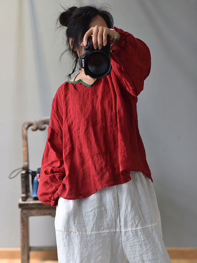 Plus Size Women Spring Retro V-Neck Puff Sleeve Shirt