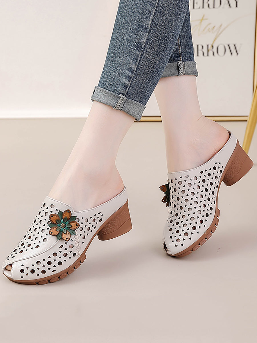 Women Summer Genuine Leather Flower Mid Heel Slippers