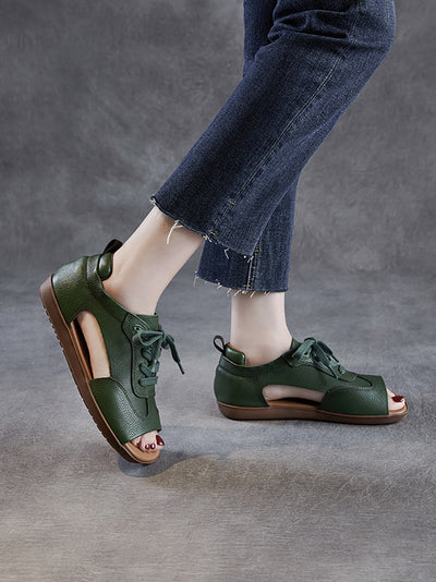 Women Summer Genuine Leather Open Toe Flat Sandals