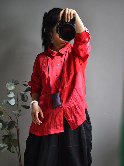 Plus Size Women Casual Solid Spring Stitching Linen Shirt