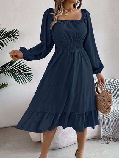 A-Line Elasticated Waist Pleated Ruffled Solid Color Square-Neck Midi Dresses