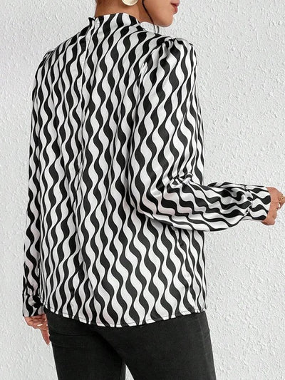 Long Sleeves Loose Contrast Color Pleated Printed Split-Joint Mock Neck Blouses&Shirts Tops