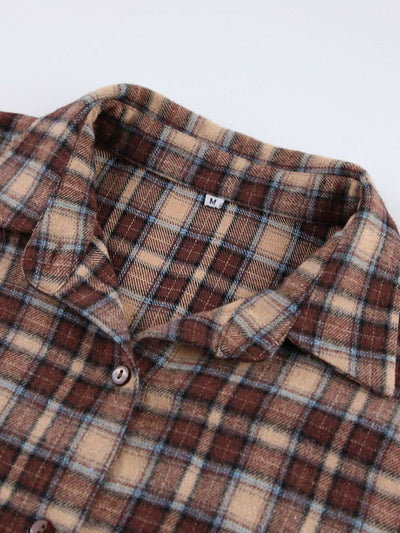 Long Sleeves Loose Buttoned Contrast Color Plaid Split-Joint Lapel Blouses&Shirts Tops Outerwear