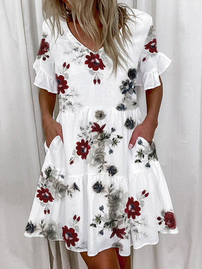 A-Line High Waisted Contrast Color Pleated Pockets Printed Split-Joint V-Neck Midi Dresses