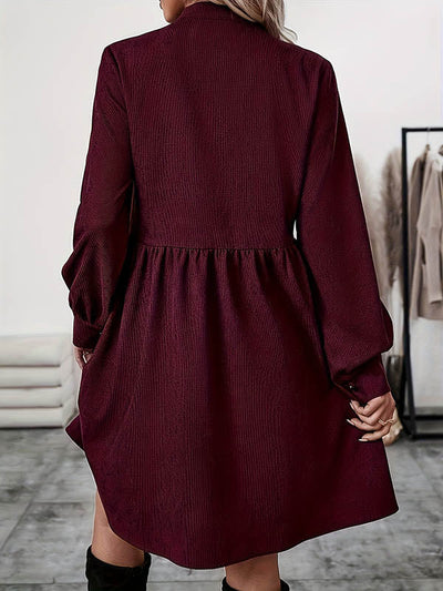 A-Line Elasticated Waist Belted Buttoned Pleated Solid Color Split-Joint Stand Collar Midi Dresses Shirt Dress