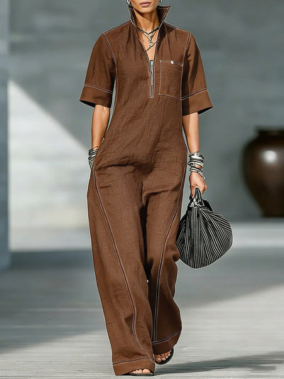 Loose Short Sleeves Pockets Solid Color Zipper Stand Collar Jumpsuits