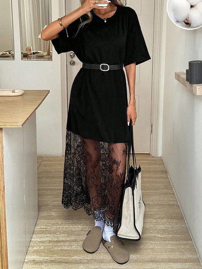 Loose Short Sleeves See-Through Solid Color Split-Joint Round-Neck Maxi Dresses