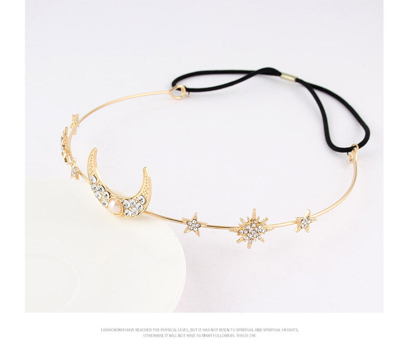 Women's IG Style Sweet Star Moon Alloy Elastic string Inlay Rhinestones Pearl Hair Band