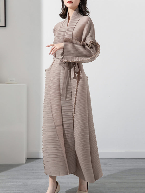 Casual Long Sleeves Loose Tied Pleated Stand Collar Midi Dresses