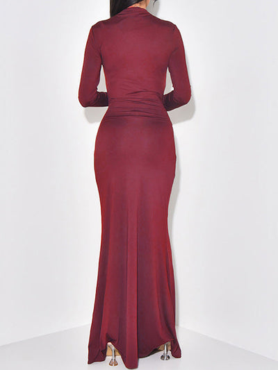 Bodycon Long Sleeves Solid Color Split-Joint Tied Waist Half Turtleneck Maxi Dresses
