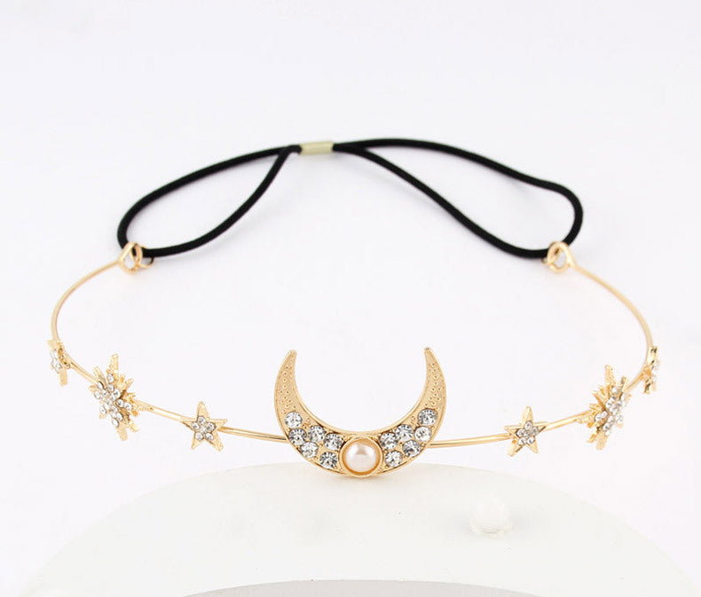 Women's IG Style Sweet Star Moon Alloy Elastic string Inlay Rhinestones Pearl Hair Band