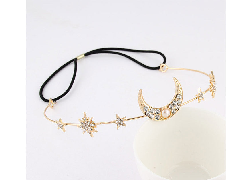 Women's IG Style Sweet Star Moon Alloy Elastic string Inlay Rhinestones Pearl Hair Band