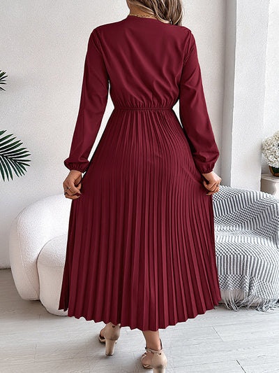 Elasticated Waist High Waisted Pleated Solid Color V-Neck Midi Dresses