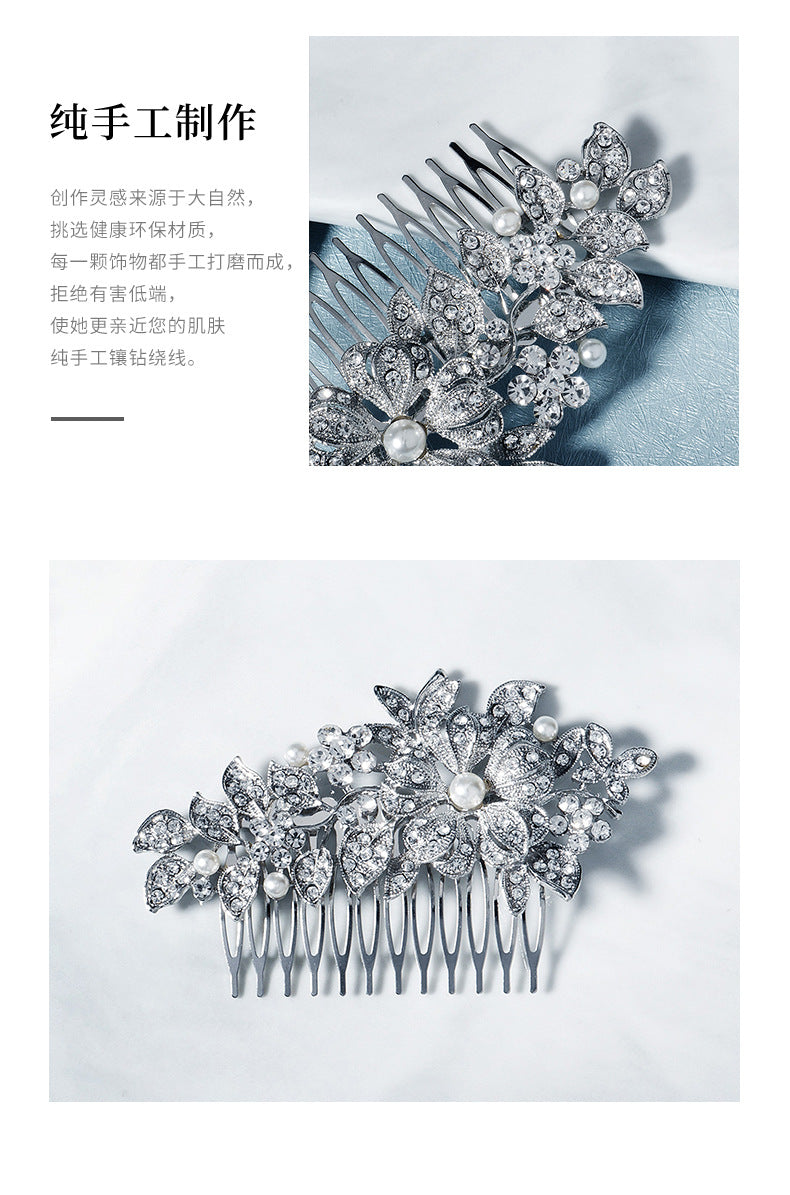 cross-border hot bride wedding decoration european and american retro alloy flower rhinestone-embedded hair comb highlight pearl hair bun hair comb