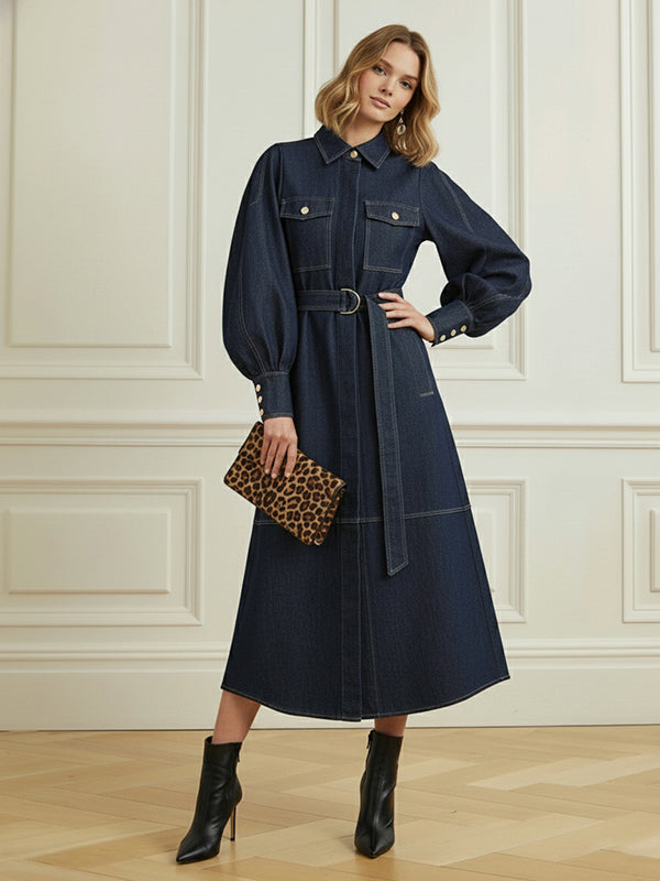 Puff Sleeves Belted Buttoned Pockets Split-Joint Lapel Midi Dresses