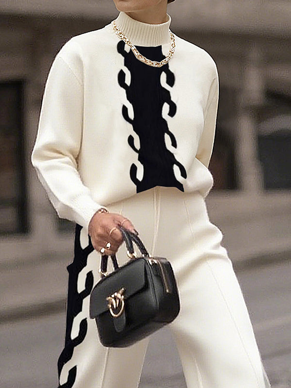 Long Sleeves Contrast Color Split-Joint High Neck Sweater Tops