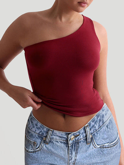 Skinny Sleeveless Solid Color One-Shoulder Vest Top