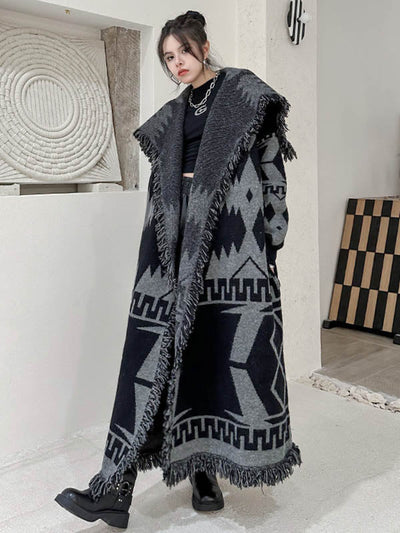 Long Sleeves Loose Contrast Color Geometric Split-Joint Tasseled Lapel Outerwear Overcoat