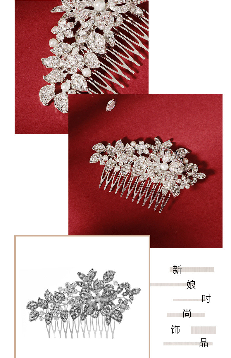 cross-border hot bride wedding decoration european and american retro alloy flower rhinestone-embedded hair comb highlight pearl hair bun hair comb