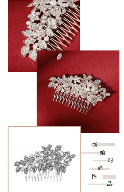 cross-border hot bride wedding decoration european and american retro alloy flower rhinestone-embedded hair comb highlight pearl hair bun hair comb