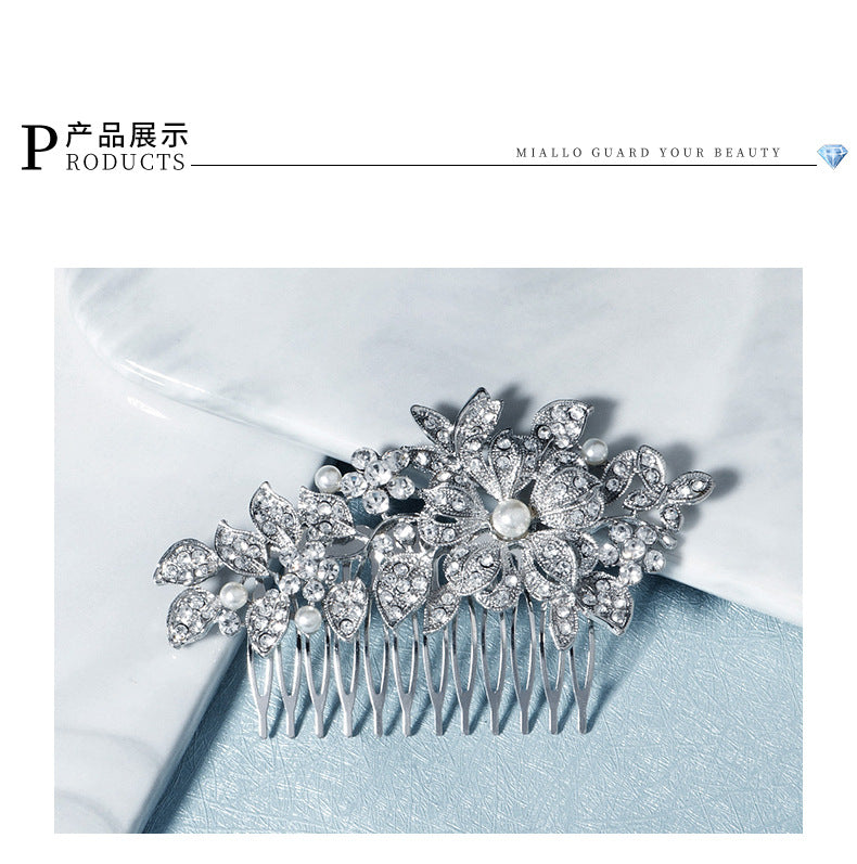 cross-border hot bride wedding decoration european and american retro alloy flower rhinestone-embedded hair comb highlight pearl hair bun hair comb