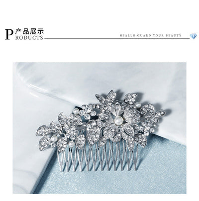 cross-border hot bride wedding decoration european and american retro alloy flower rhinestone-embedded hair comb highlight pearl hair bun hair comb